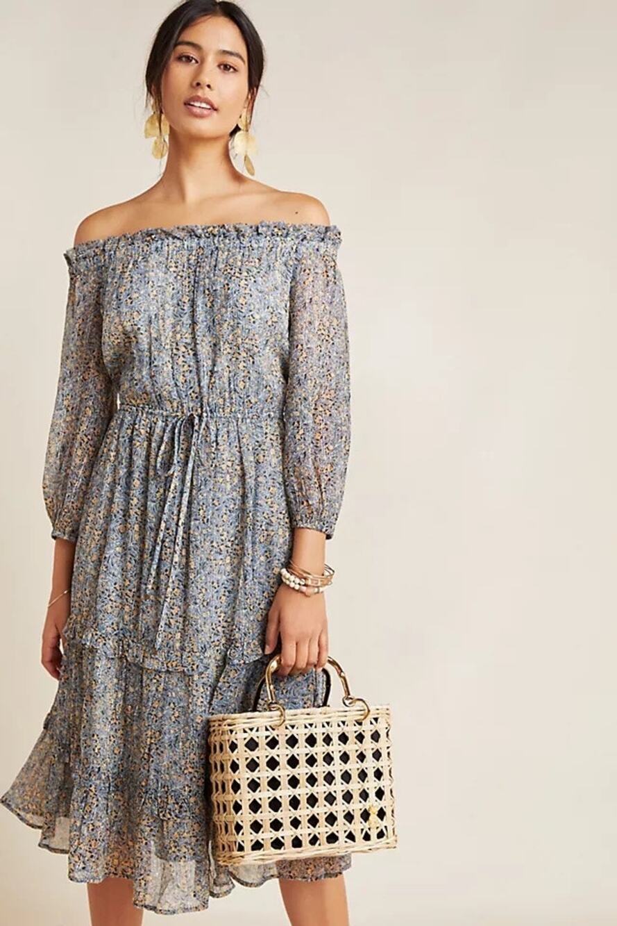 Anthropologie Kira Off-The-Shoulder Metallic Shimmer Peasant Fairy Dress Size 4